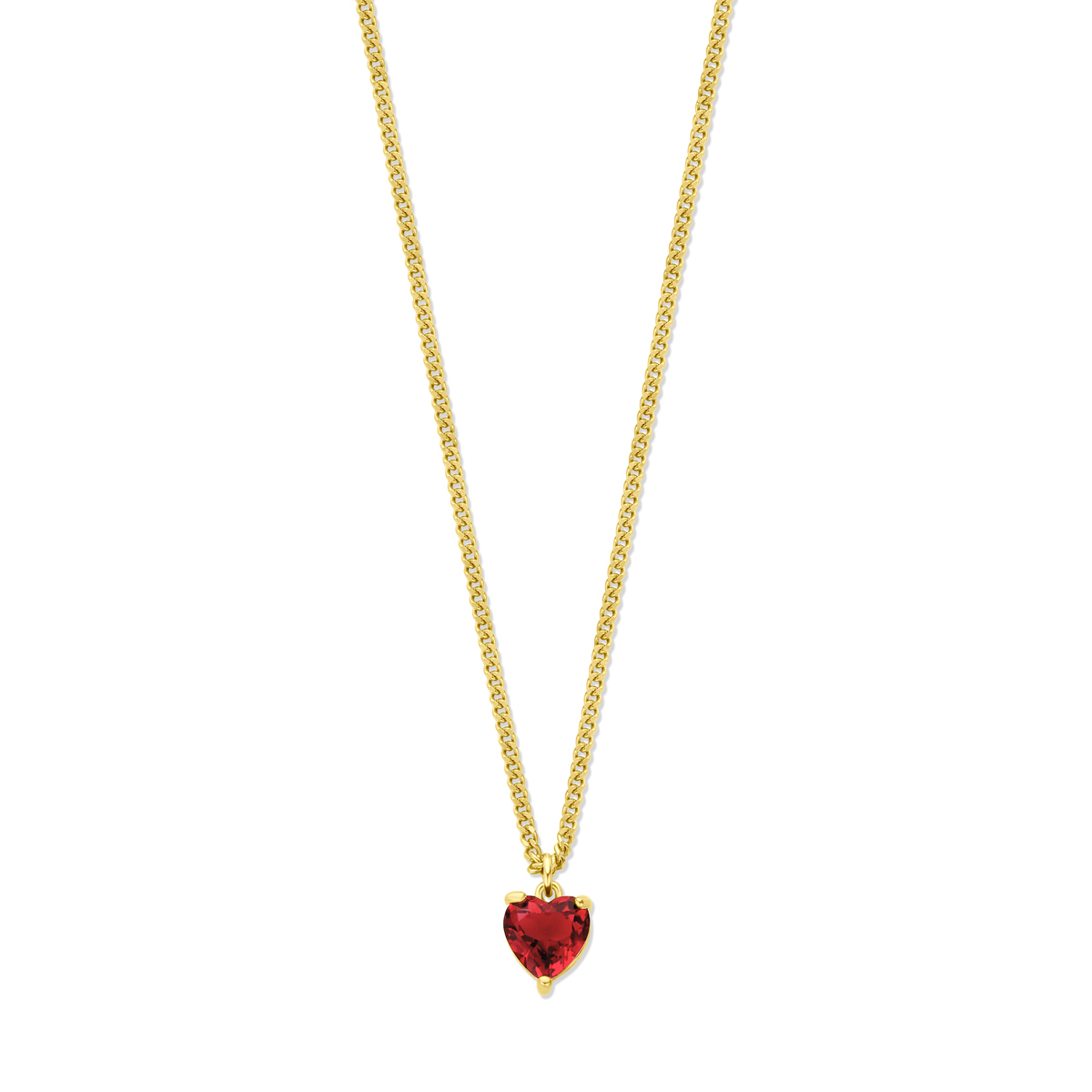 Geelgoud op 925 zilveren collier uitgevoerd met rood zirkonia hart. Het collier heeft een schakelbreedte van 1.7mm en draaglengte van 45cm met 5cm extensie.
