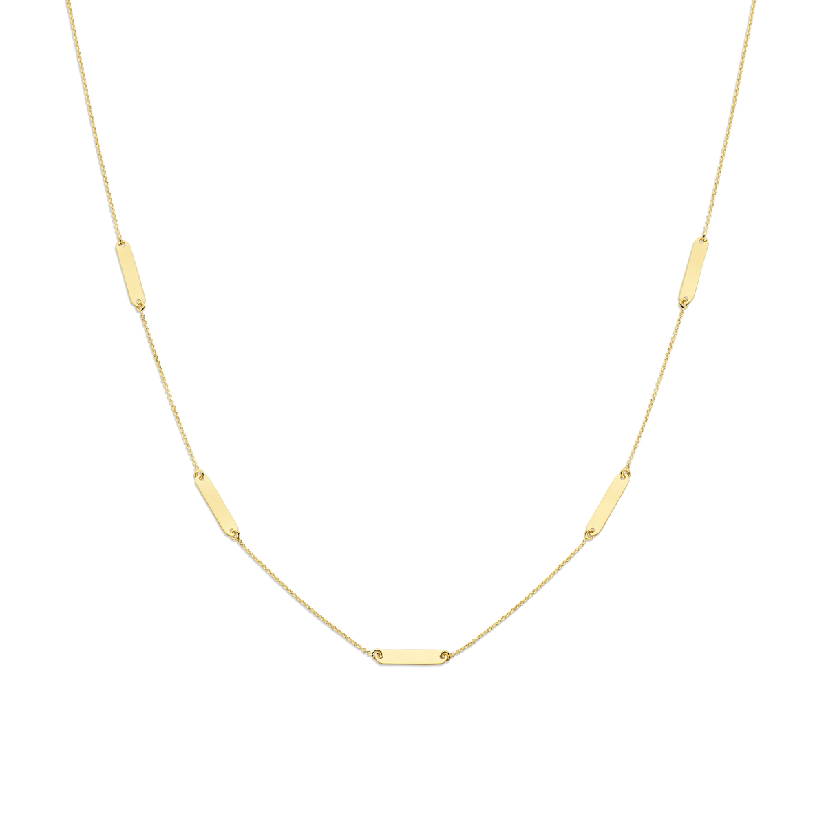 14k Geelgouden collier uitgevoerd met graveerplaatjes van 3.6x16mm. Het collier heeft draaglengte van 41cm met 4cm extensie. De schakelbreedte is 1.6mm. De plaat heeft een dikte van 0.5mm.
