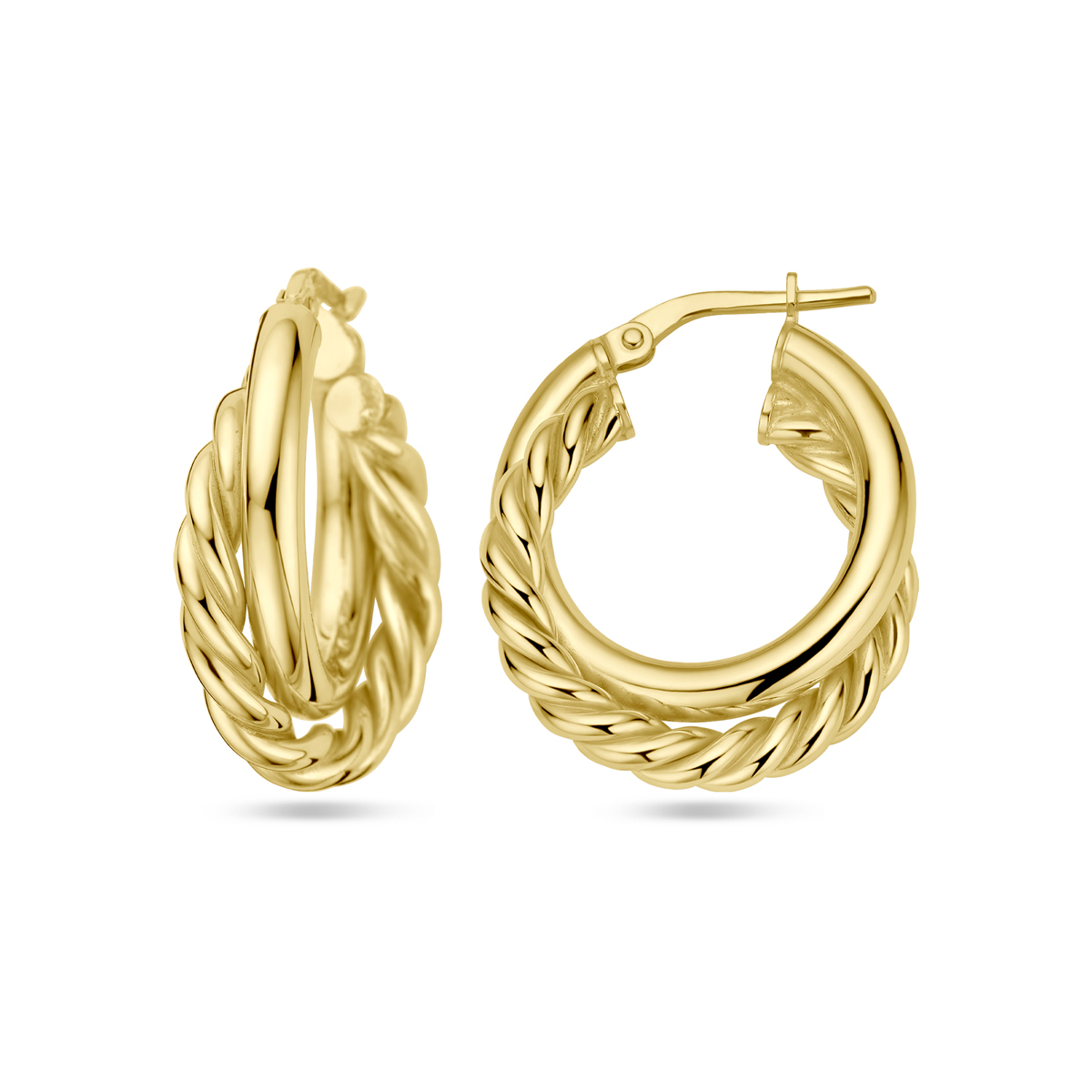 Geelgoud op 925 zilveren oorringen met een afmeting van 24.8x6.3mm. Geen garantie op de plating.