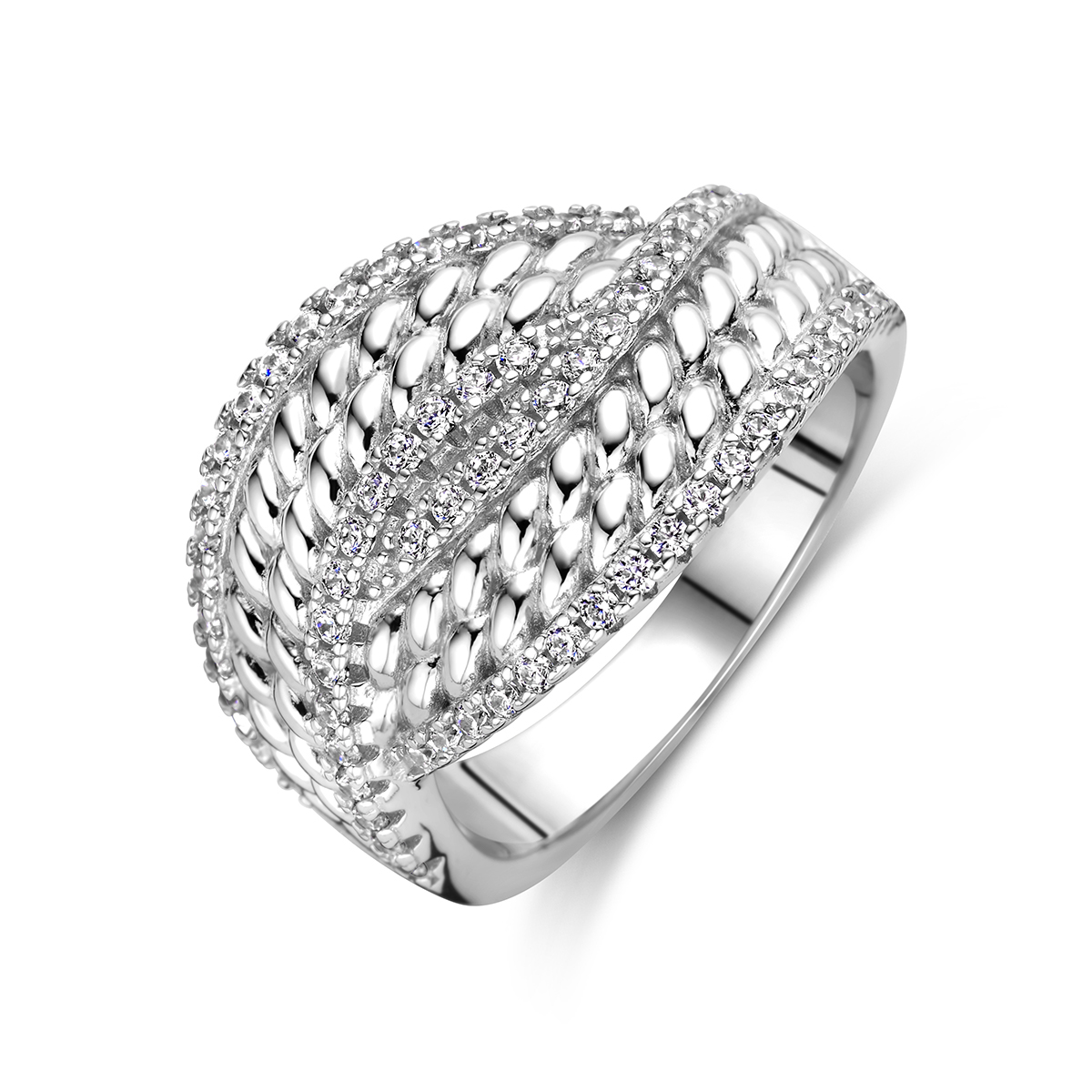 Gerhodineerd 925 zilveren ring uitgevoerd met zirkonia. De ring heeft een breedte van 15mm.