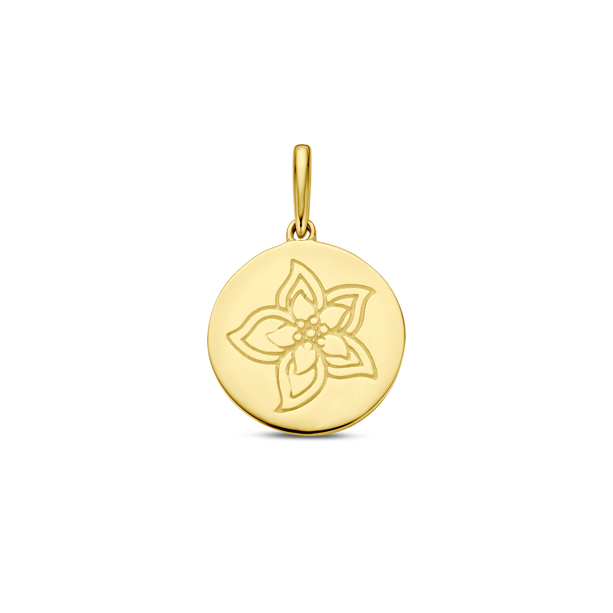 14k Geelgouden ronde hanger uitgevoerd met een geboortebloem. De hanger heeft een totale hoogte van 18mm.