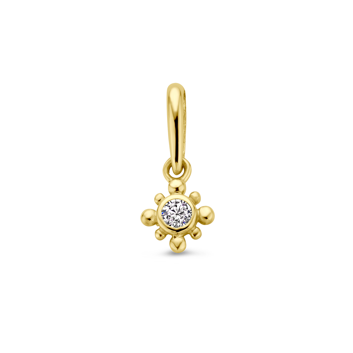 14k Geelgouden hanger in de vorm van een bloem uitgevoerd met zirkonia. De hanger heeft een totale hoogte van 11mm.