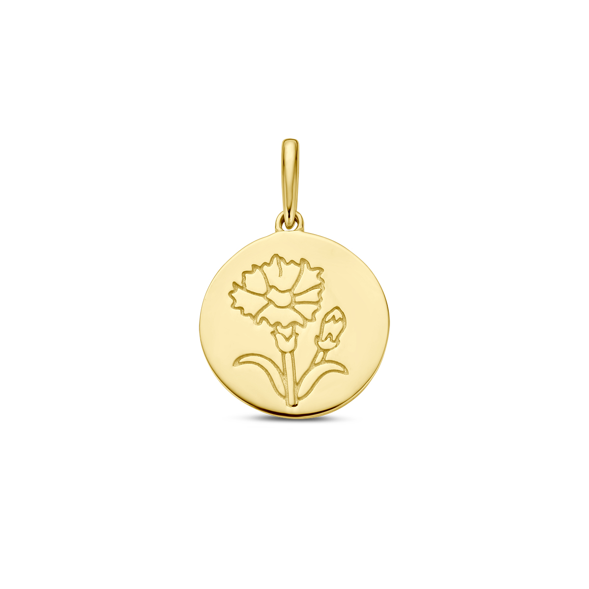 14k Geelgouden ronde hanger uitgevoerd met een geboortebloem. De hanger heeft een totale hoogte van 18mm.