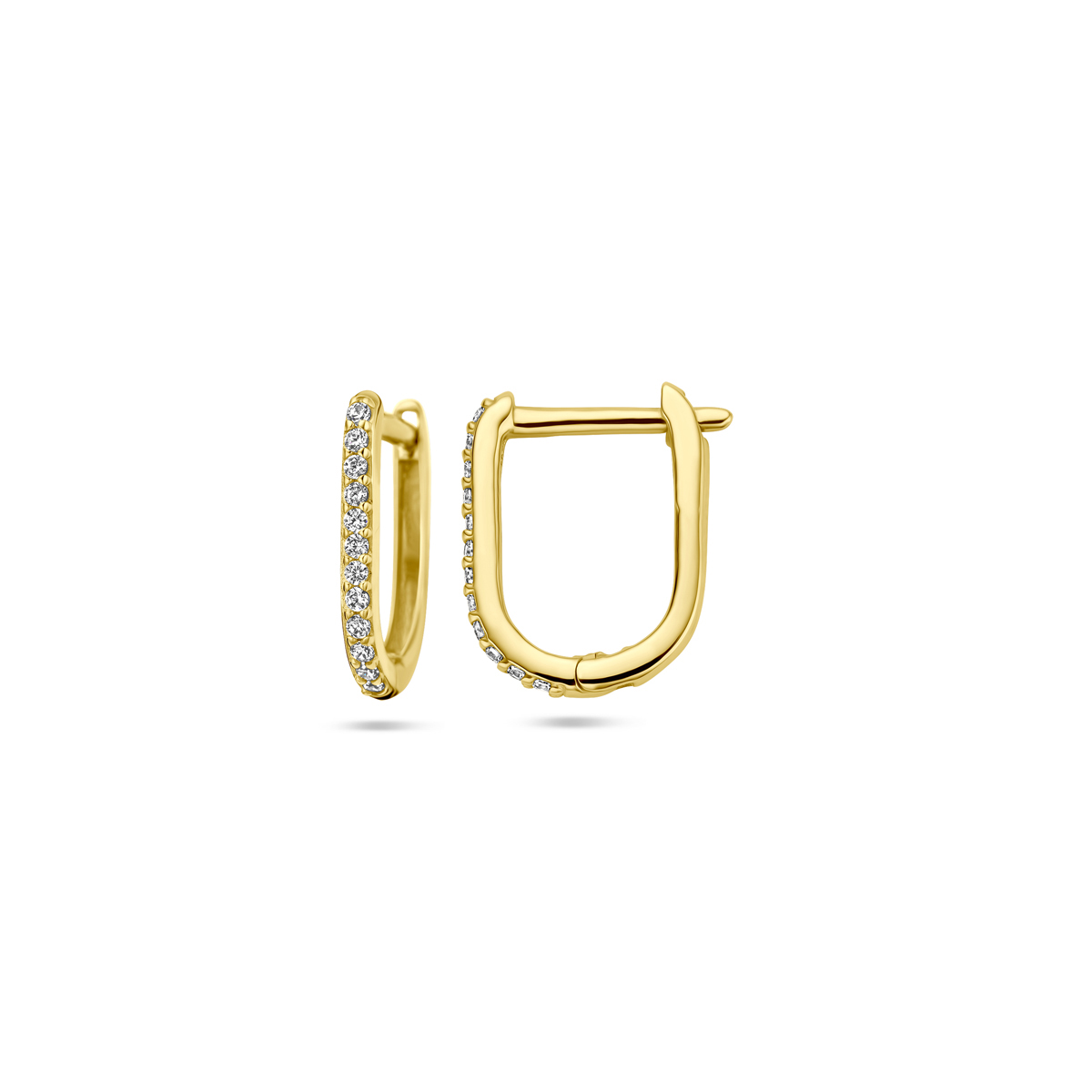 14k Geelgouden klapoorringen uitgevoerd met zirkonia. De klapoorringen hebben een afmeting van 12.5x1.5mm.