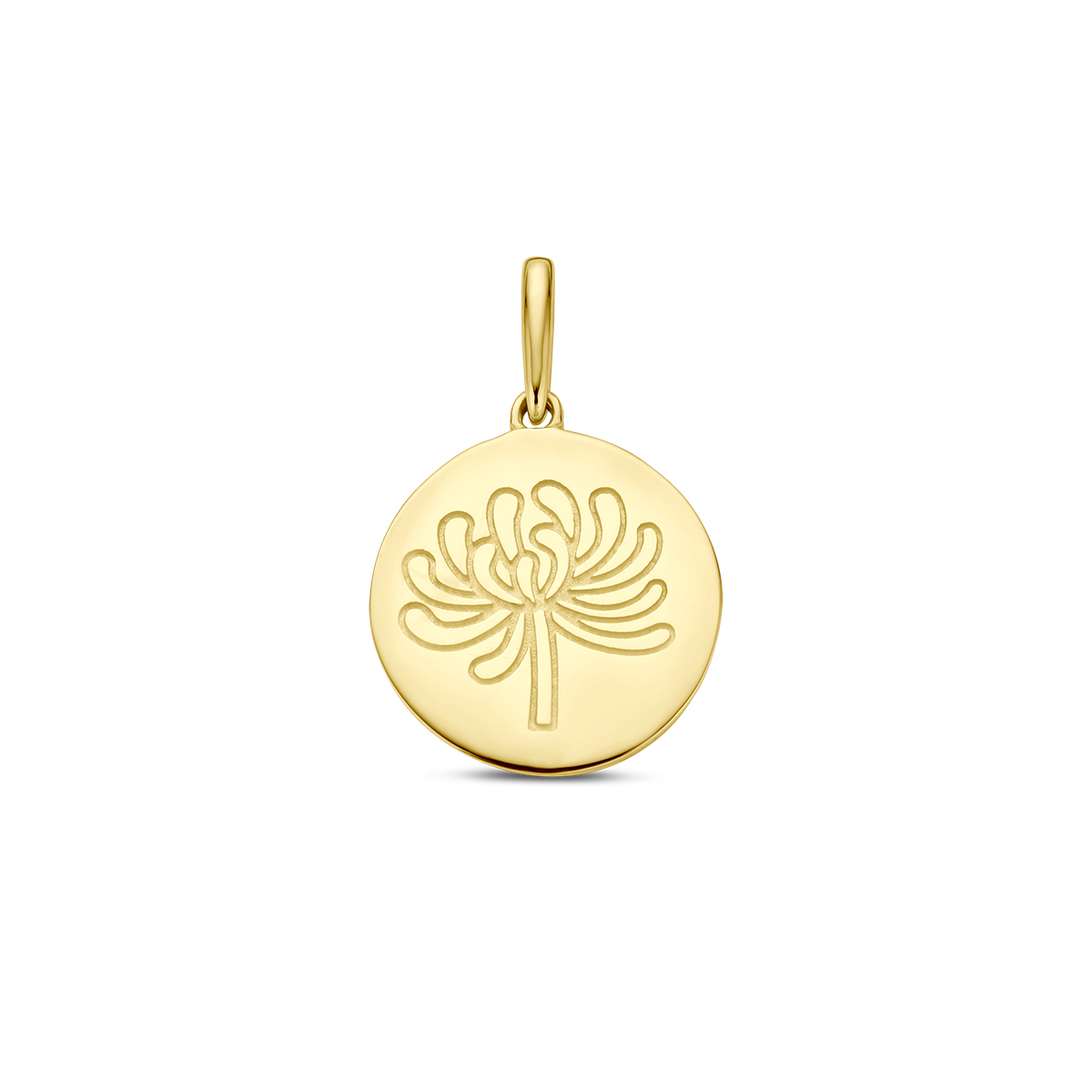 14k Geelgouden ronde hanger uitgevoerd met een geboortebloem. De hanger heeft een totale hoogte van 18mm.