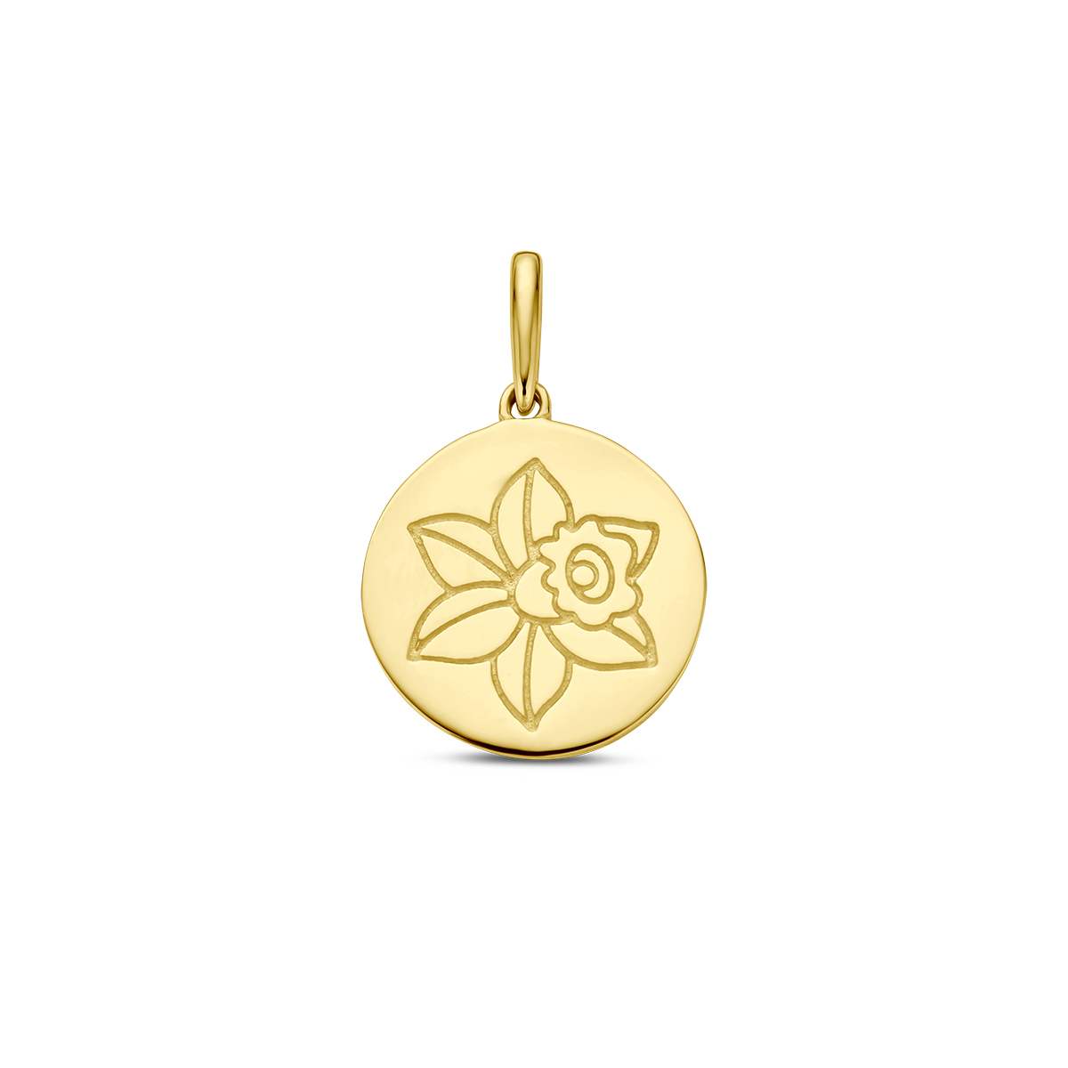 14k Geelgouden ronde hanger uitgevoerd met een geboortebloem. De hanger heeft een totale hoogte van 18mm.