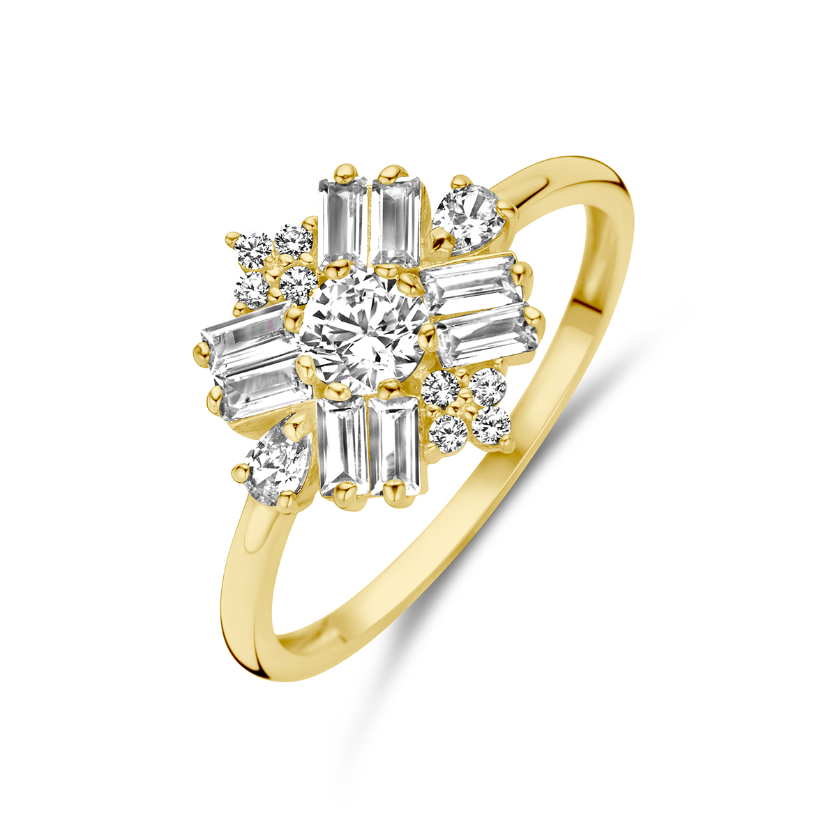 14k Geelgouden ring uitgevoerd met zirkonia. De ring heeft een breedte van 11.5mm.