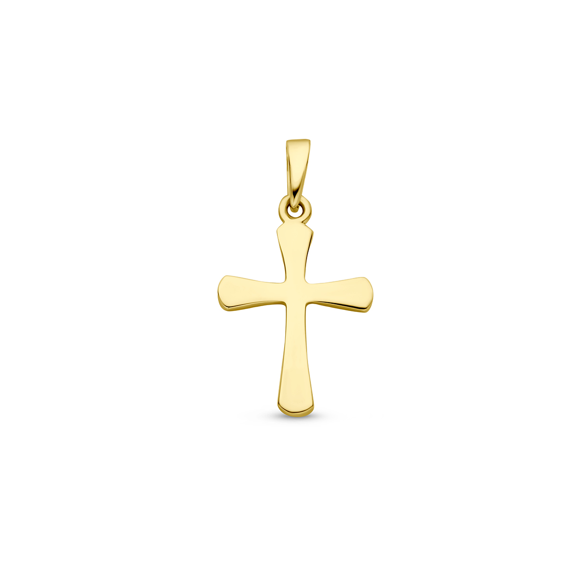 14k Geelgouden hanger in de vorm van een kruis. Het kruis heeft een afmeting van 17x11.5mm.