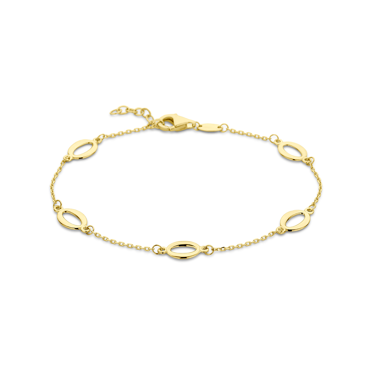 14k Geelgouden armband uitgevoerd met ovaalvormige elementen en een karabijn sluiting. De armband heeft een draaglengte van 17cm en een extensie van 2cm. De schakelbreedte is 1mm.