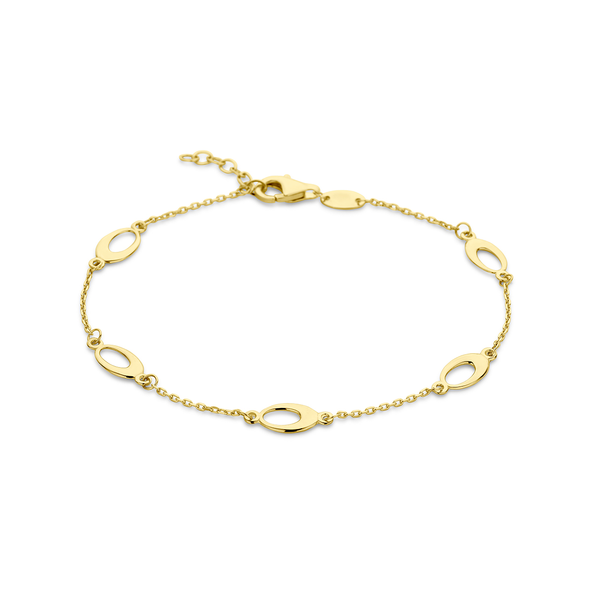 14k Geelgouden armband uitgevoerd met ovaalvormige elementen en een karabijn sluiting. De armband heeft een draaglengte van 17cm en een extensie van 2cm. De schakelbreedte is 1mm.