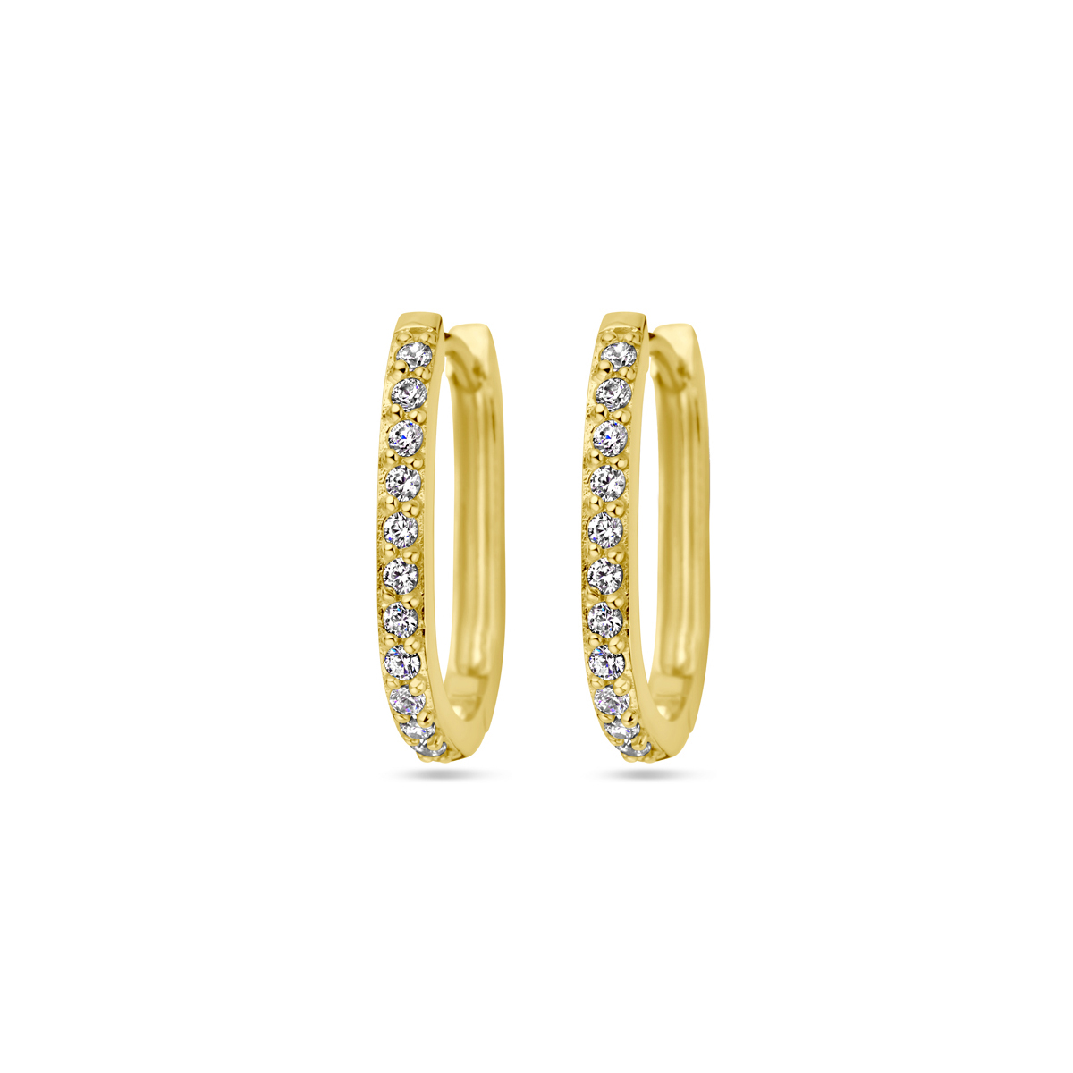 Geelgoud op 925 zilveren klapoorringen uitgevoerd met zirkonia. De klapoorringen hebben een afmeting van 17.5x2mm. Geen garantie op de plating.