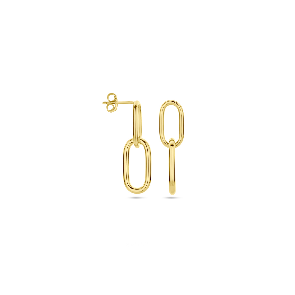 Geelgoud op 925 zilveren paperclip oorhangers. De oorhangers hebben een totale hoogte van 32mm. Geen garantie op de plating.