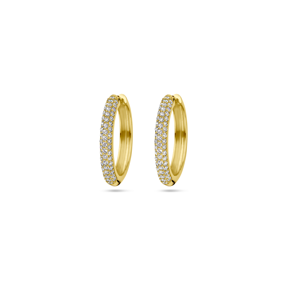 Geelgoud op 925 zilveren klapoorringen uitgevoerd met zirkonia. De klapoorringen hebben een afmeting van 26x4mm. Geen garantie op de plating.