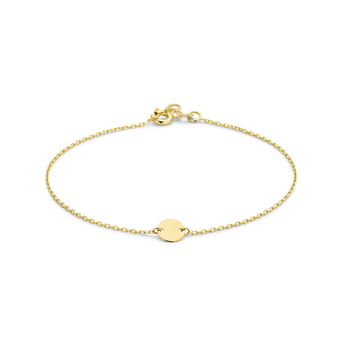 14k Geelgouden armband uitgevoerd met een cirkel. De armband heeft een draaglengte van 18.5cm. De schakelbreedte is 1mm.