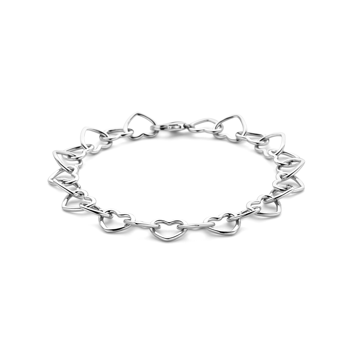Gerhodineerd 925 zilveren armband uitgevoerd met hartjes. De armband heeft een draaglengte van 18cm en een karabijnsluiting. De schakelbreedte is 8.5mm.