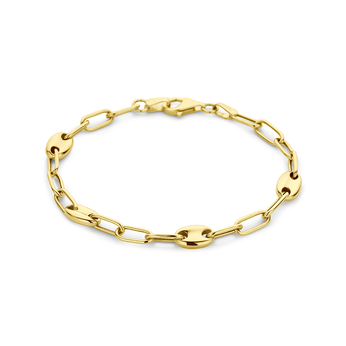 14k Geelgouden armband uitgevoerd met een karabijn sluiting. De armband heeft een draaglengte van 18cm. De schakelbreedtes zijn 4mm en 6mm.