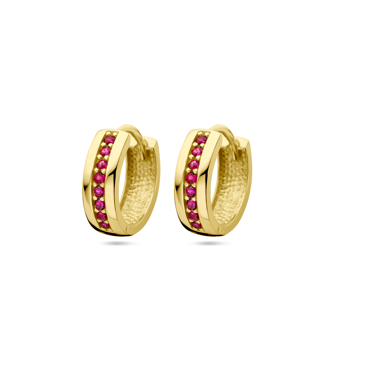 14k Geelgouden klapoorringen uitgevoerd met rood zirkonia. De klapoorringen hebben een afmeting van 12x4mm.