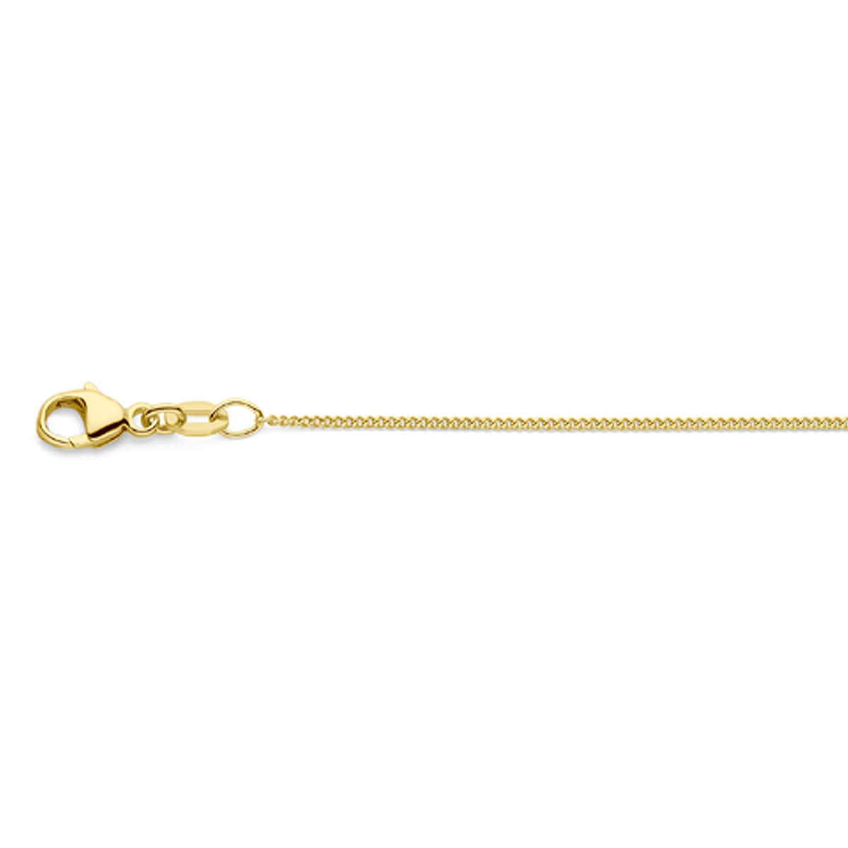 18k Geelgouden collier met een gourmette schakel en draaglengtes van 41, 43 en 45cm. De schakelbreedte is 1.0mm. Uitgevoerd met een karabijn sluiting.