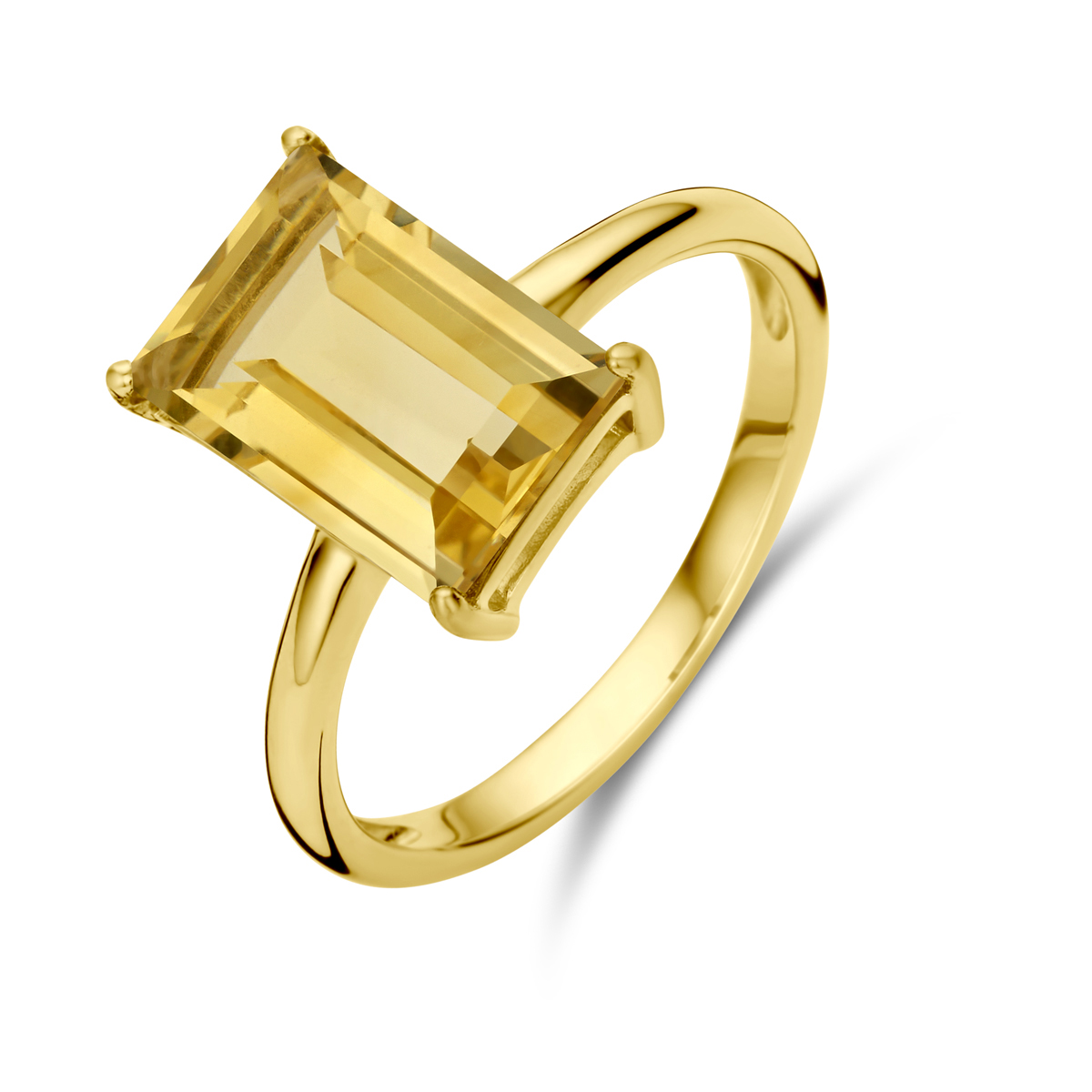 14k Geelgouden ring uitgevoerd met citrien. De ring heeft een breedte van 12mm.
