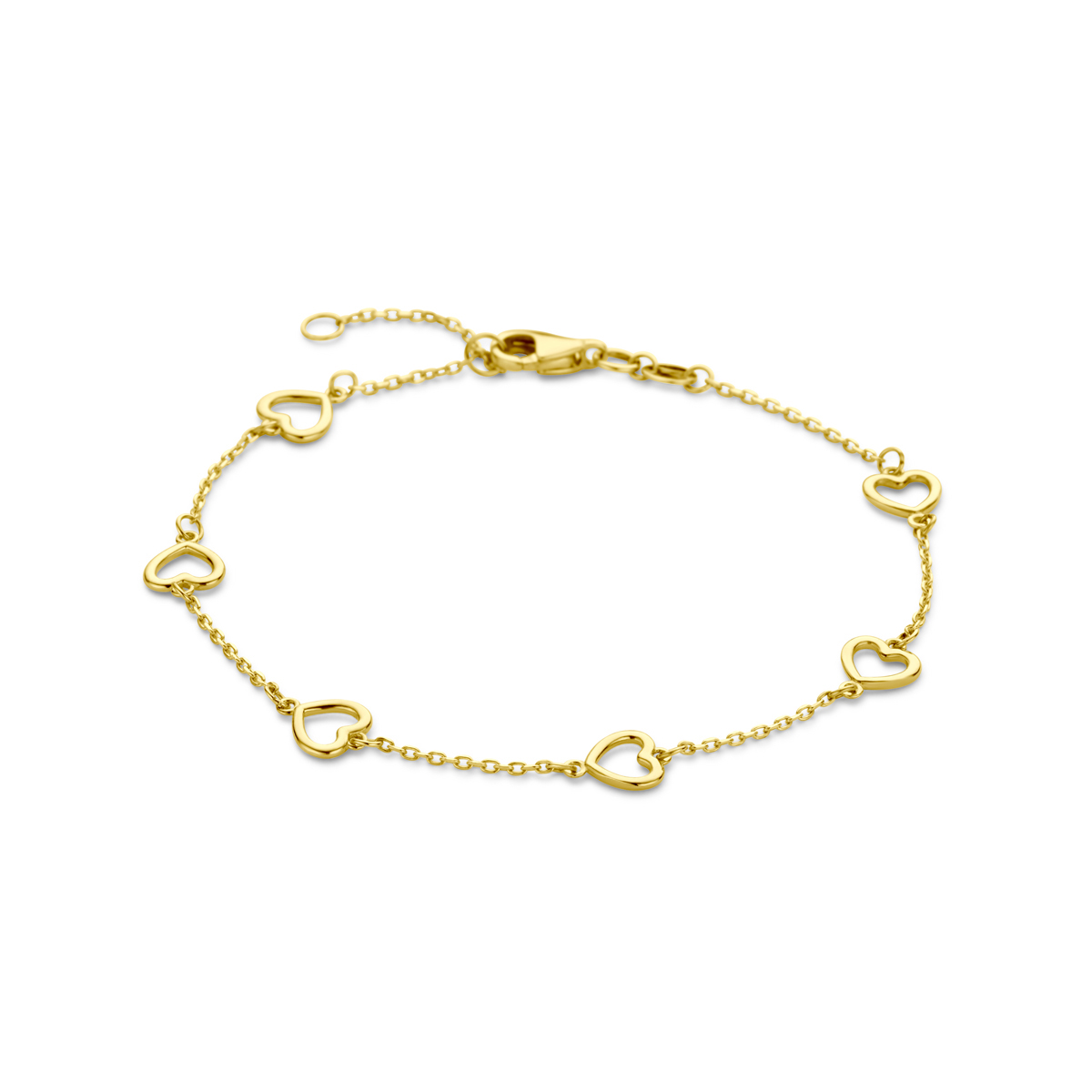 14k Geelgouden armband uitgevoerd met hartjes en een karabijn sluiting. De armband heeft een draaglengte van 19cm en een schakelbreedte van 1mm.
