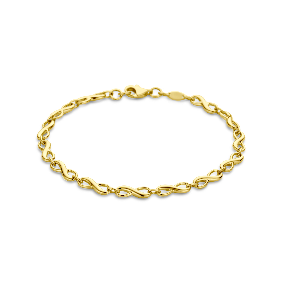 Geelgouden armband uitgevoerd met infinity schakel van 4mm en een karabijnsluiting. De armband heeft een draaglengte van 18.5cm en is uitgevoerd met een karabijn sluiting.