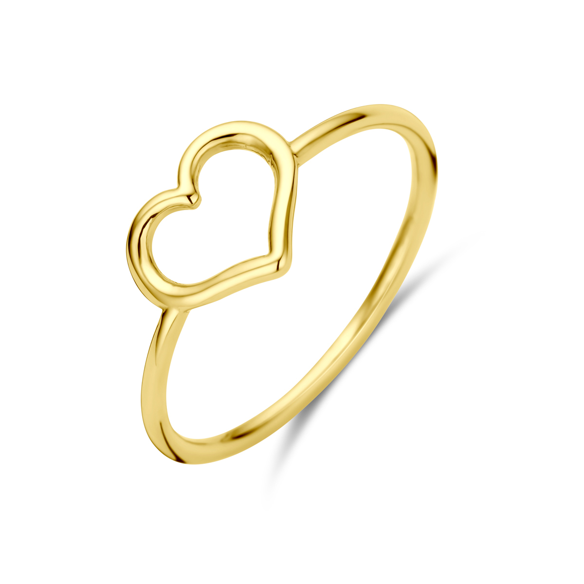 14k Geelgouden ring uitgevoerd met een hart. De ring heeft een breedte van 7.5mm.