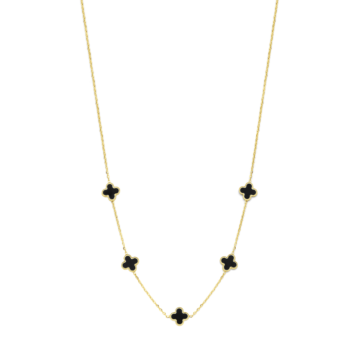 14k Geelgouden collier uitgevoerd met klavertjes 4 met onyx. De draaglengtes zijn 42, 44 en 46cm. De klavertjes hebben een afmeting van 10x10mm. De schakelbreedte is 1,5mm. Uitgevoerd met een karabijnsluiting.