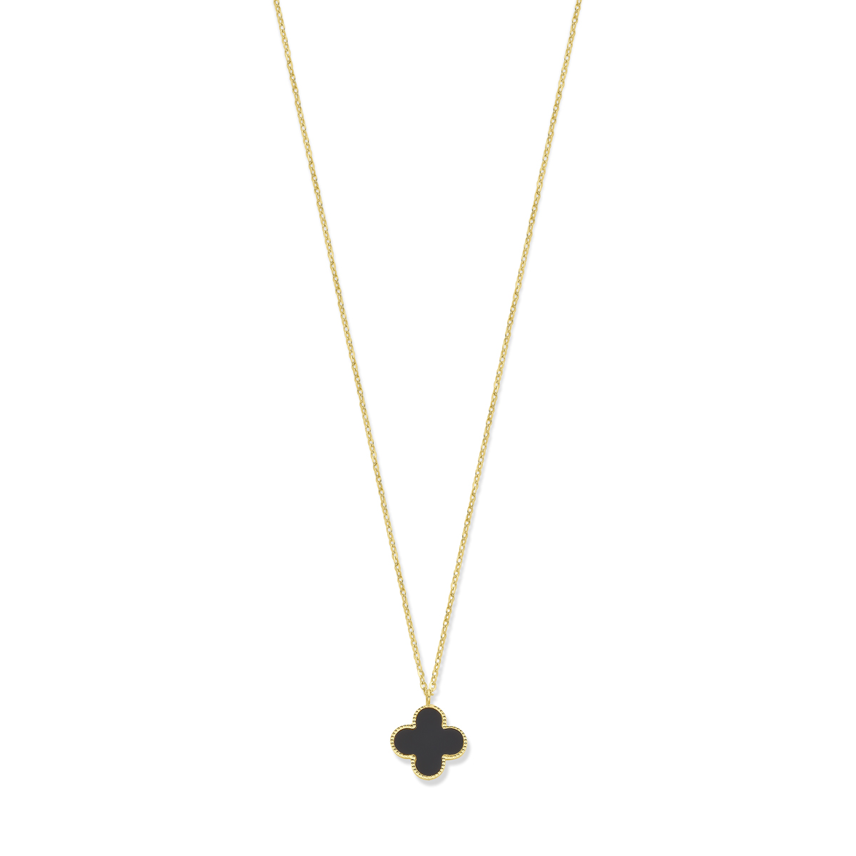 14k Geelgouden collier uitgevoerd met klavertje 4 hanger met onyx. De draaglengtes zijn 41, 43 en 45. De hanger heeft een afmeting van 18x15mm. De schakelbreedte is 1,5mm. Uitgevoerd met een karabijnsluiting.