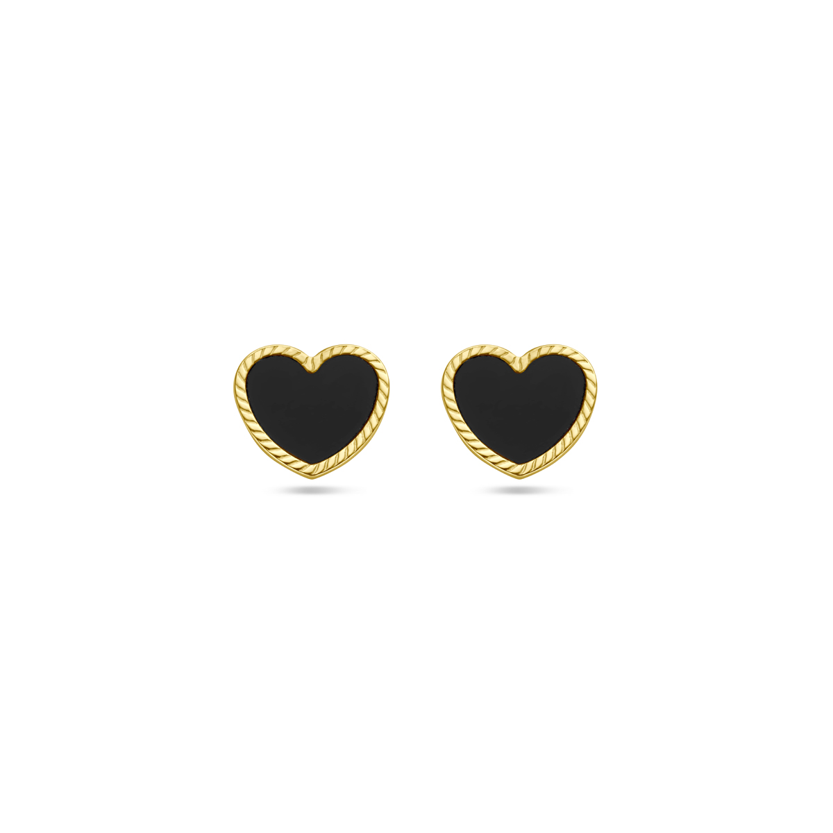 14k Geelgoud oorknoppen uitgevoerd in de vorm van een hart met onyx. De oorknoppen hebben een afmeting van 7.5x8.5mm.