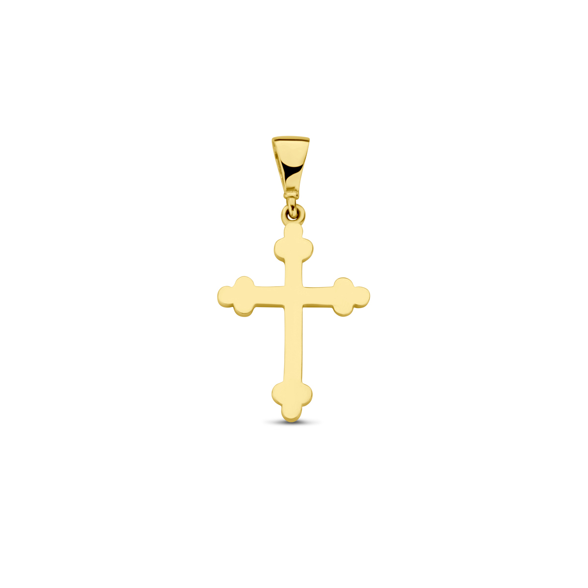 14k Geelgouden hanger met kruis. De hanger heeft een totale hoogte van 24mm. Het kruis heeft een afmeting van 18x12.5mm.