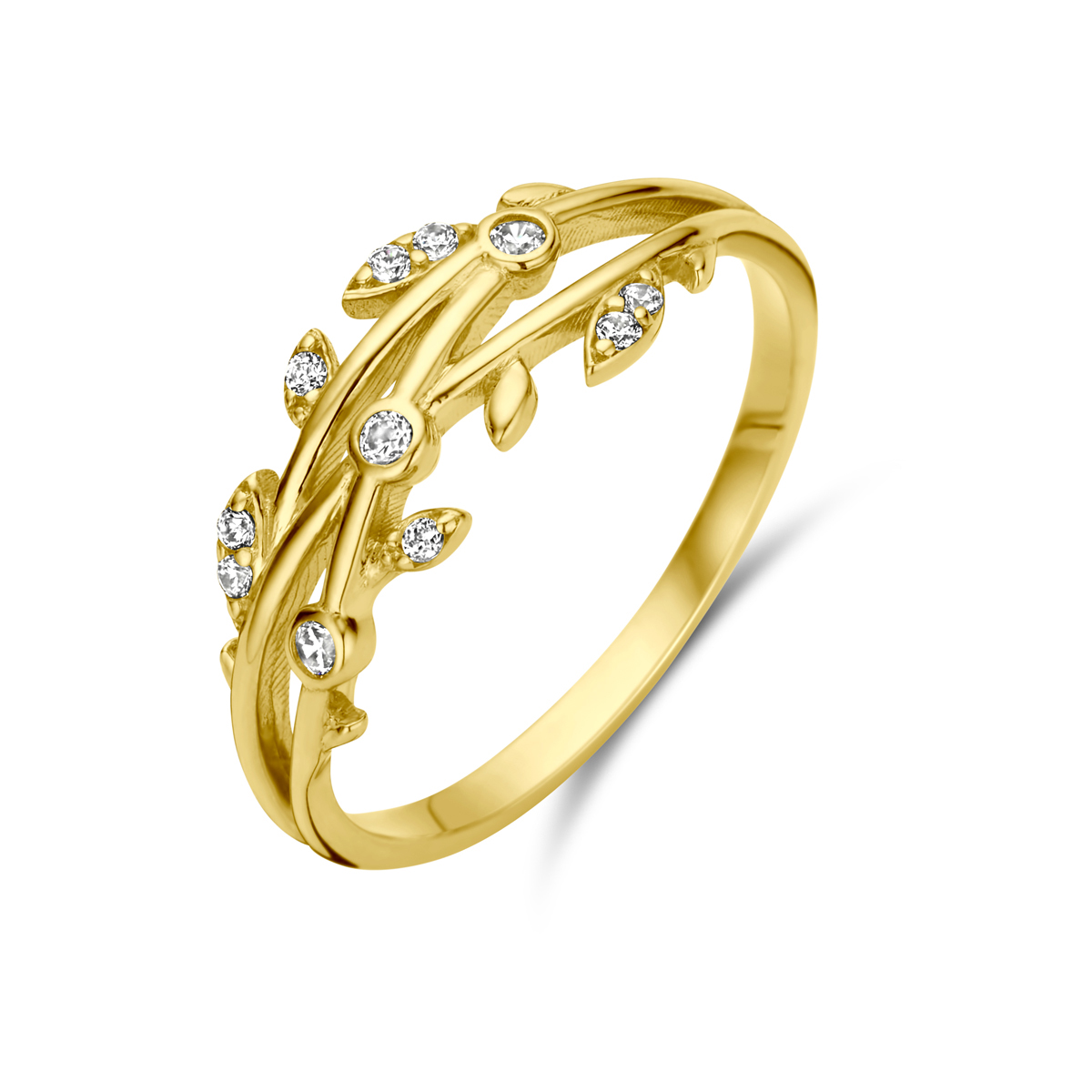 14k Geelgouden ring uitgevoerd met zirkonia. De ring heeft een breedte van 7mm. mt 18.5