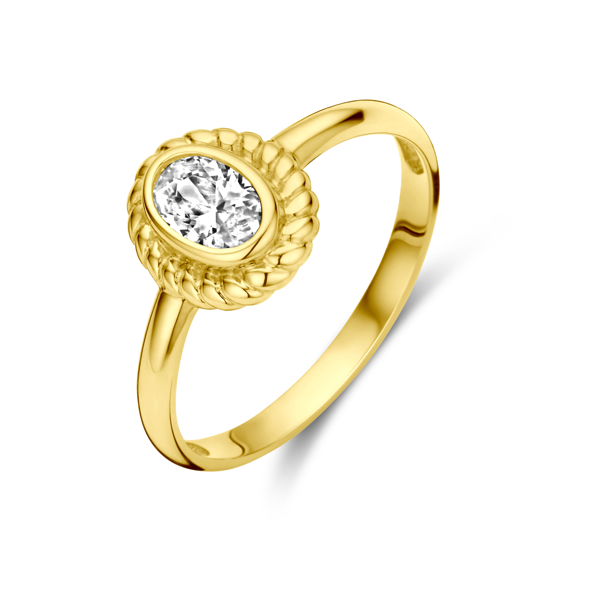 14k Geelgouden ring uitgevoerd met zirkonia. De ring heeft een breedte van 9.5mm.