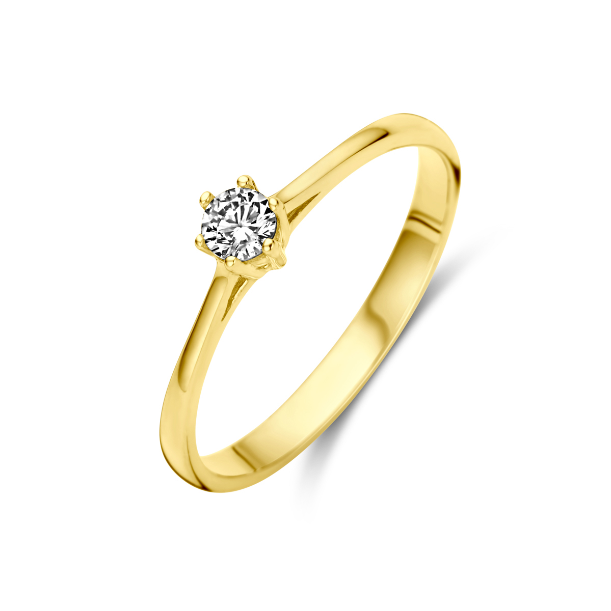 14k Geelgouden ring uitgevoerd met zirkonia. De ring heeft een breedte van 4mm.