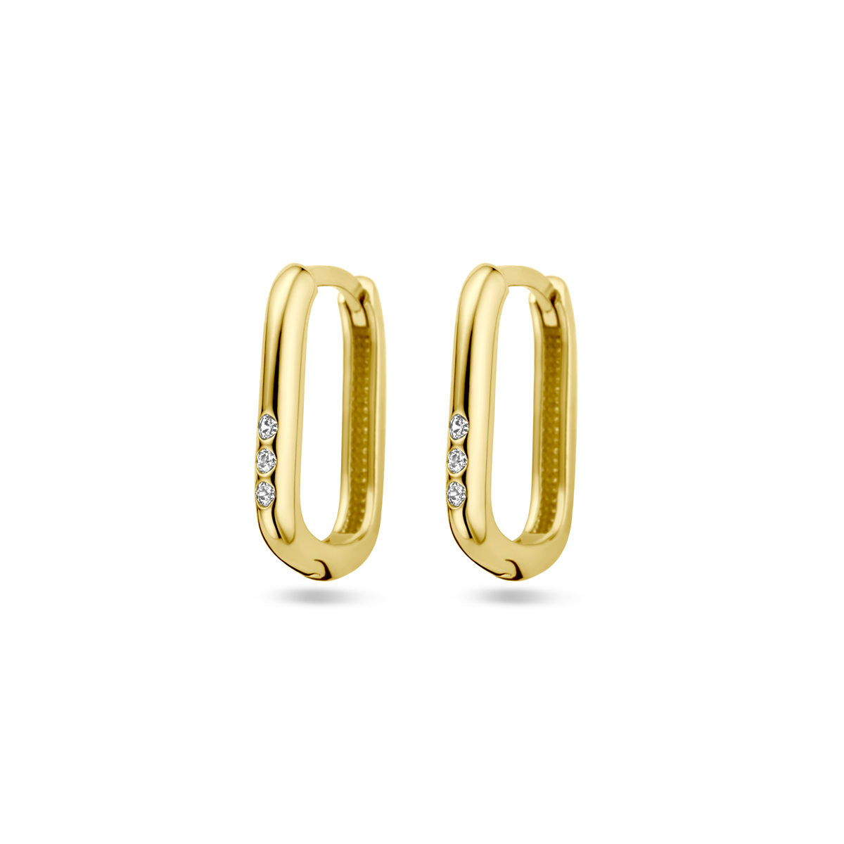 14k Geelgouden klapoorringen uitgevoerd met zirkonia. De oorringen hebben een breedte van 2mm.