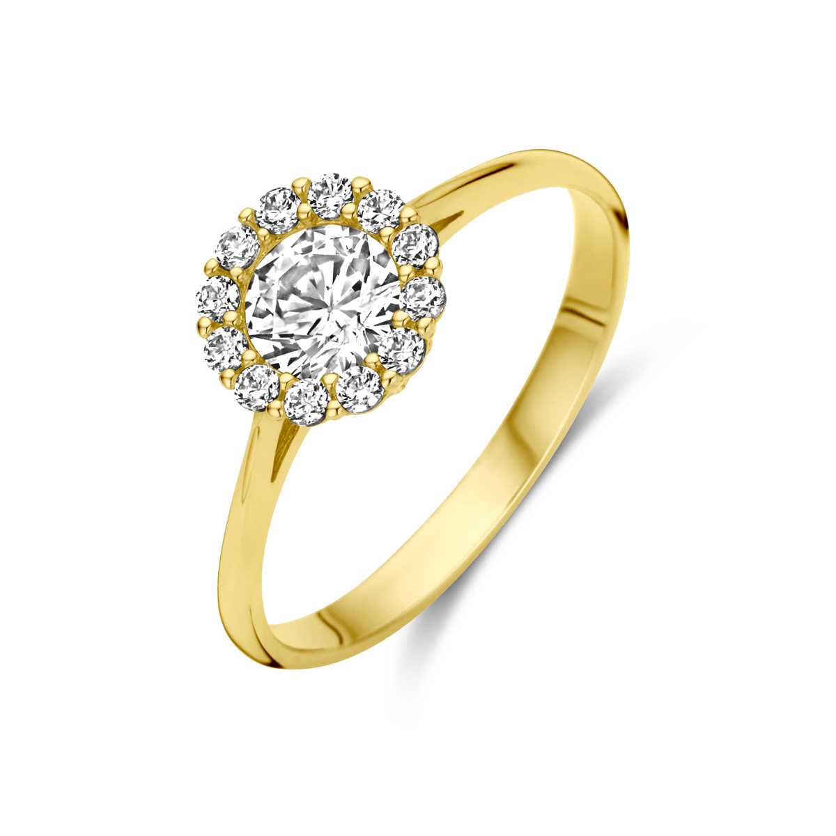 14k Geelgouden ring uitgevoerd met zirkonia. De ring heeft een breedte van 8mm.