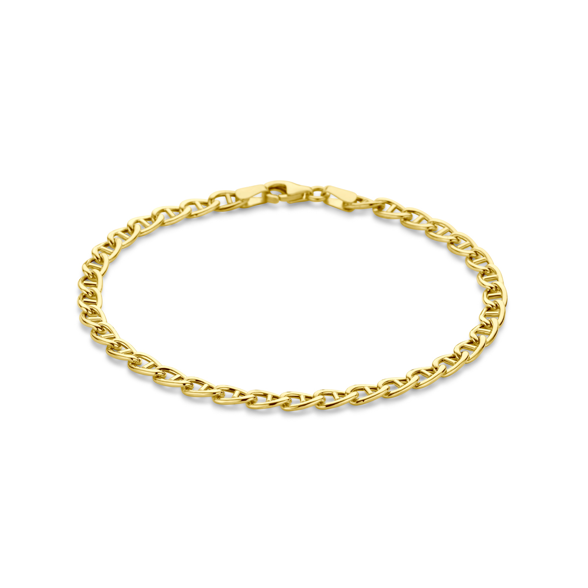 14k Geelgouden armband met een draaglengte van 19cm. De schakelbreedte is 4.0mm. Uitgevoerd met een karabijn sluiting.