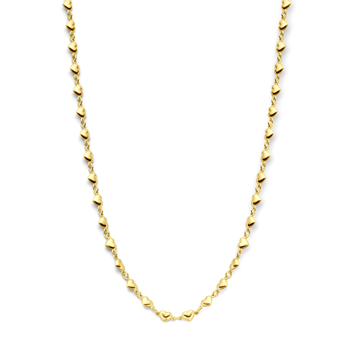 Geelgoud op 925 zilveren collier uitgevoerd met hartjes en een karabijn sluiting. Het collier heeft een draaglengte van 41cm en een extensie van 4cm. Geen garantie op de plating.