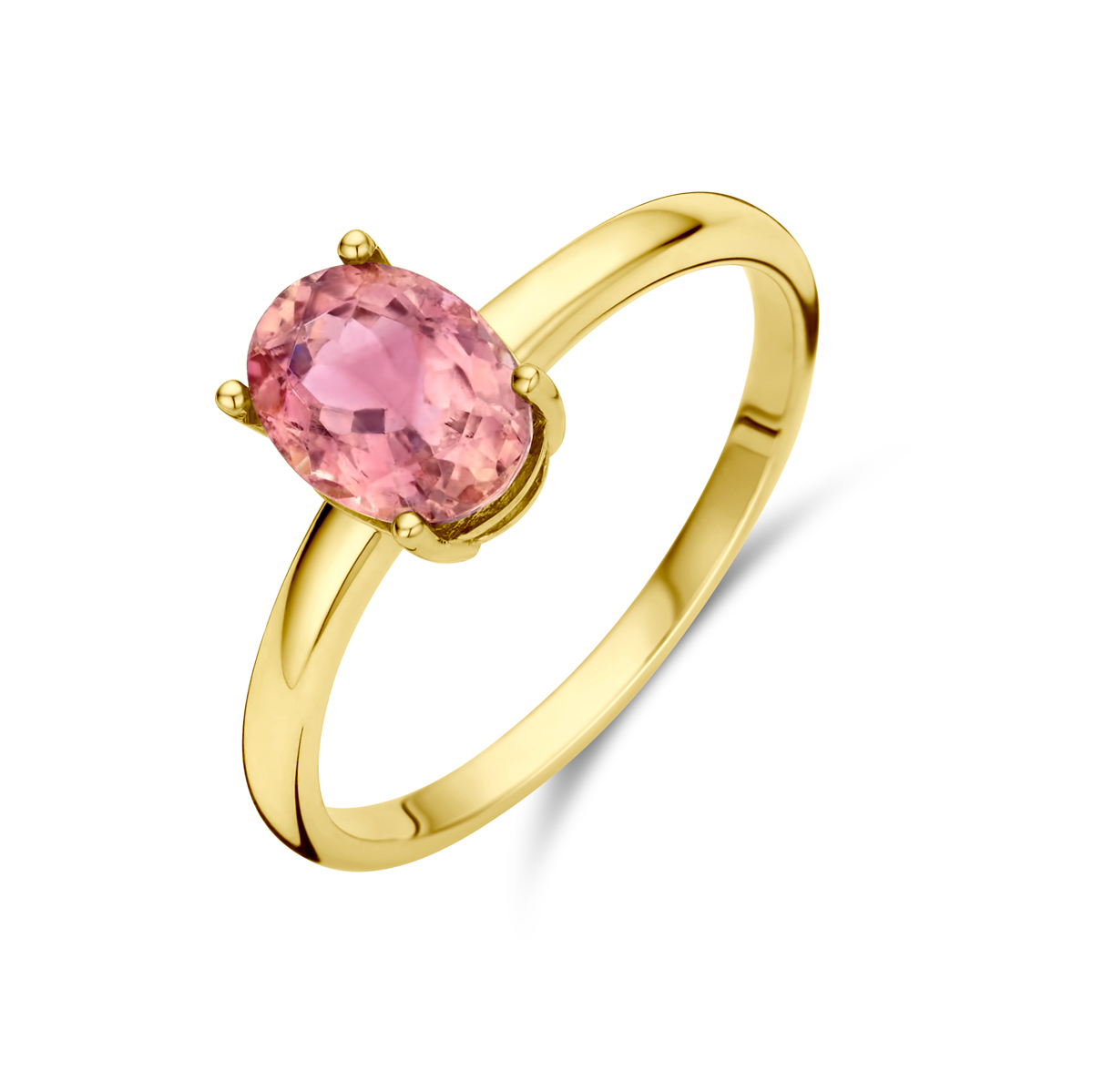14k Geelgouden ring uitgevoerd met roze toermalijn. De steen heeft een afmeting van 8x6mm.