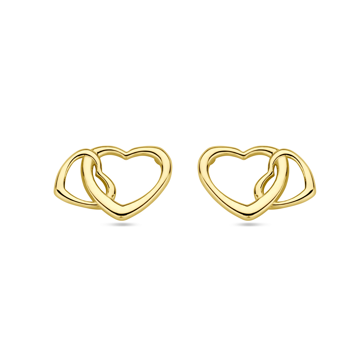 14k Geelgouden oorknoppen uitgevoerd met twee hartjes. De oorknoppen hebben een afmeting van 9x6mm.