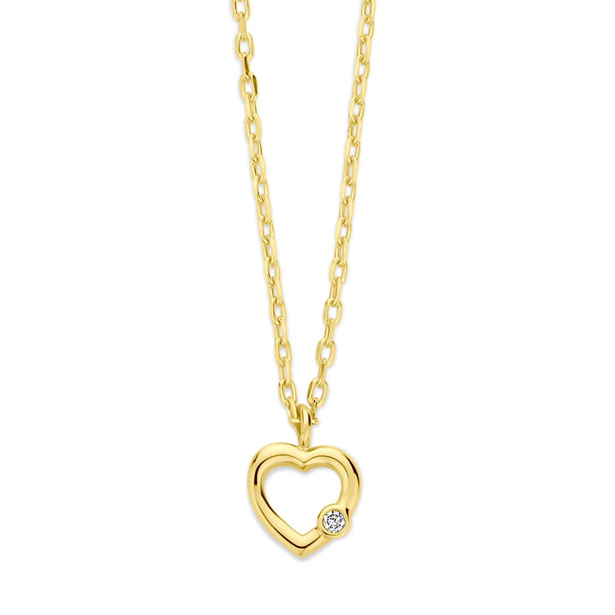 14k Geelgouden collier uitgevoerd met een hart en diamant. Het collier heeft een schakelbreedte van 1mm en draaglengtes van 41 en 43cm.