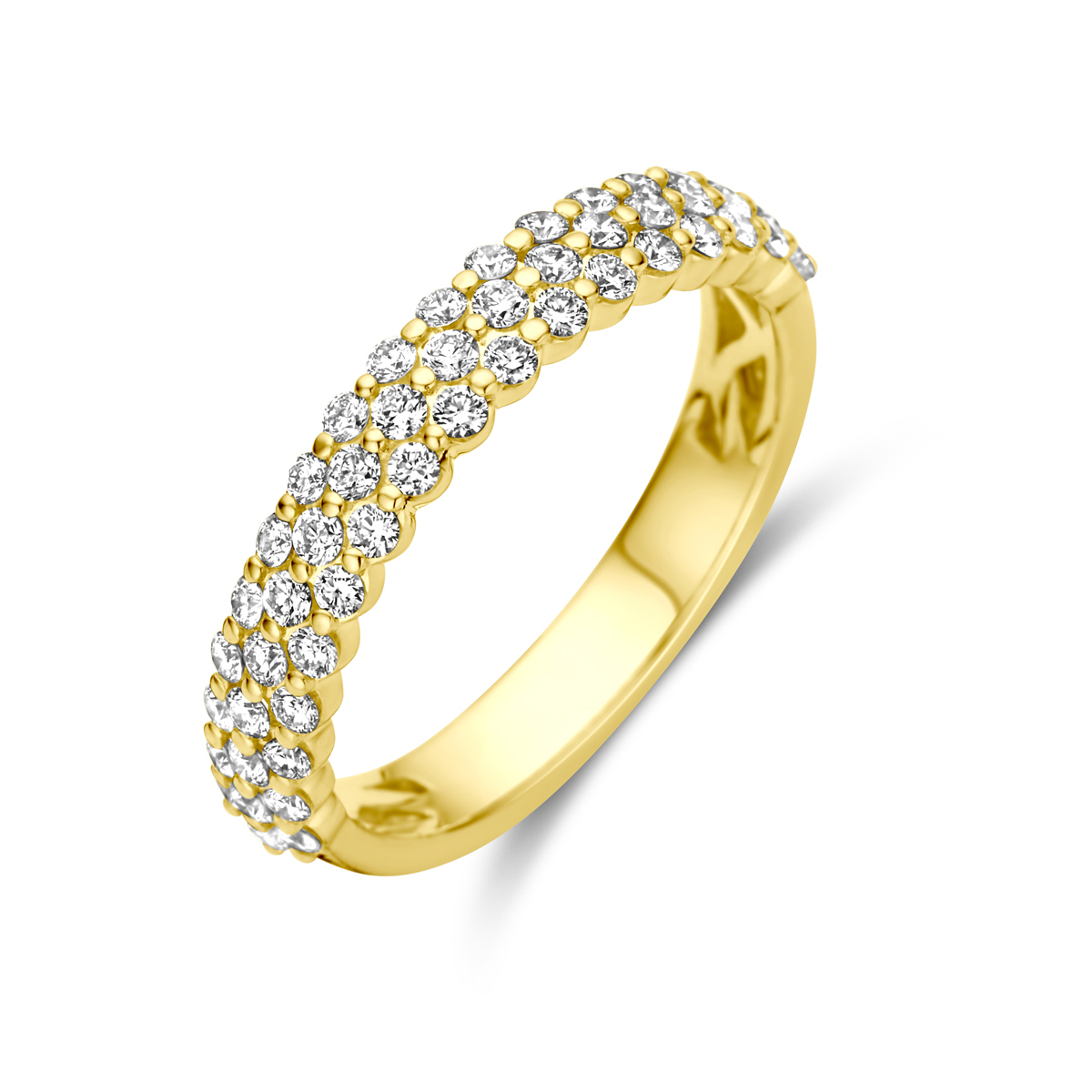 14k Geelgouden ring uitgevoerd met schitterende diamant. De ring heeft een breedte van 4mm.