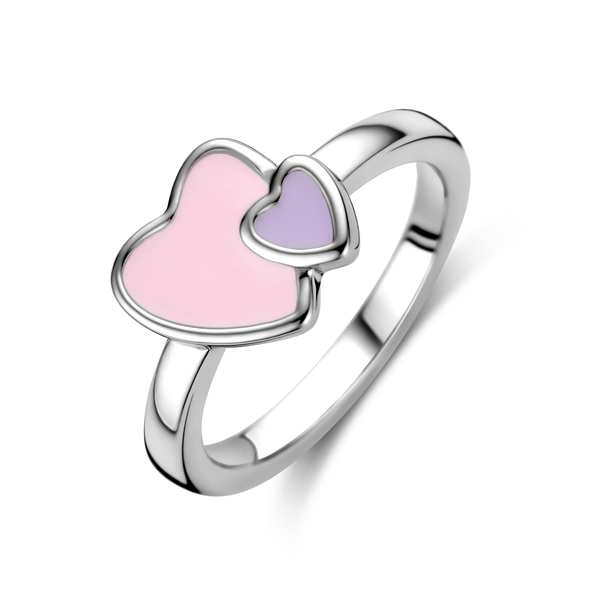Gerhodineerd 925 zilveren ring uitgevoerd met twee hartjes en roze en paars emaille. De ring heeft een afmeting van 7.5x9mm.