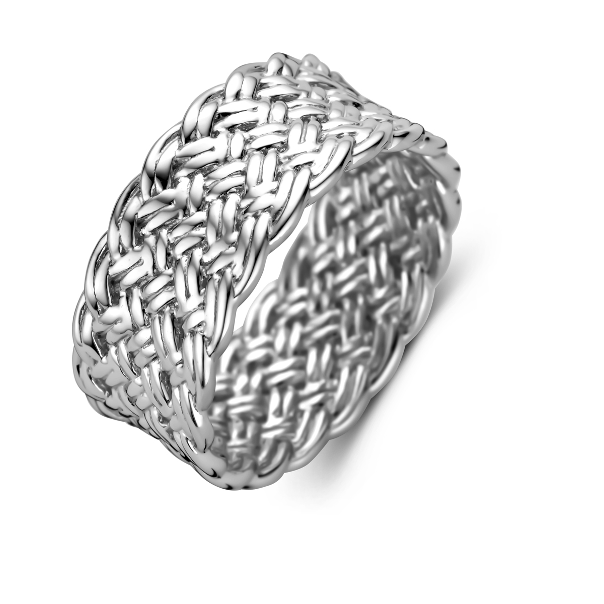 Gerhodineerd gevlochten zilveren ring met een breedte van 8.5mm