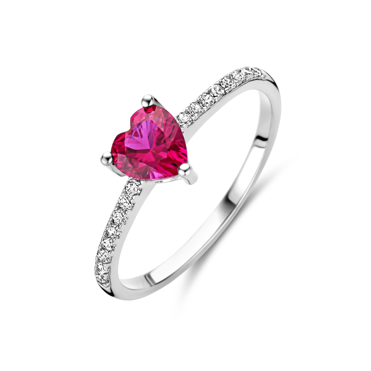 Gerhodineerd 925 zilveren ring uitgevoerd met corundumkleurig en wit zirkonia. De ring heeft een afmeting van 6.5x6mm.