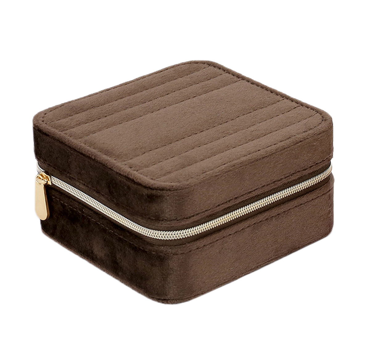 Luxe sieradenbox in de kleur bruin uitgevoerd met een goudkleurige rits sluiting, een klein spiegeltje, verschillende vakjes en een extra vakje achter het spiegeltje. Een compacte box om verschillende sieraden in op te bergen.