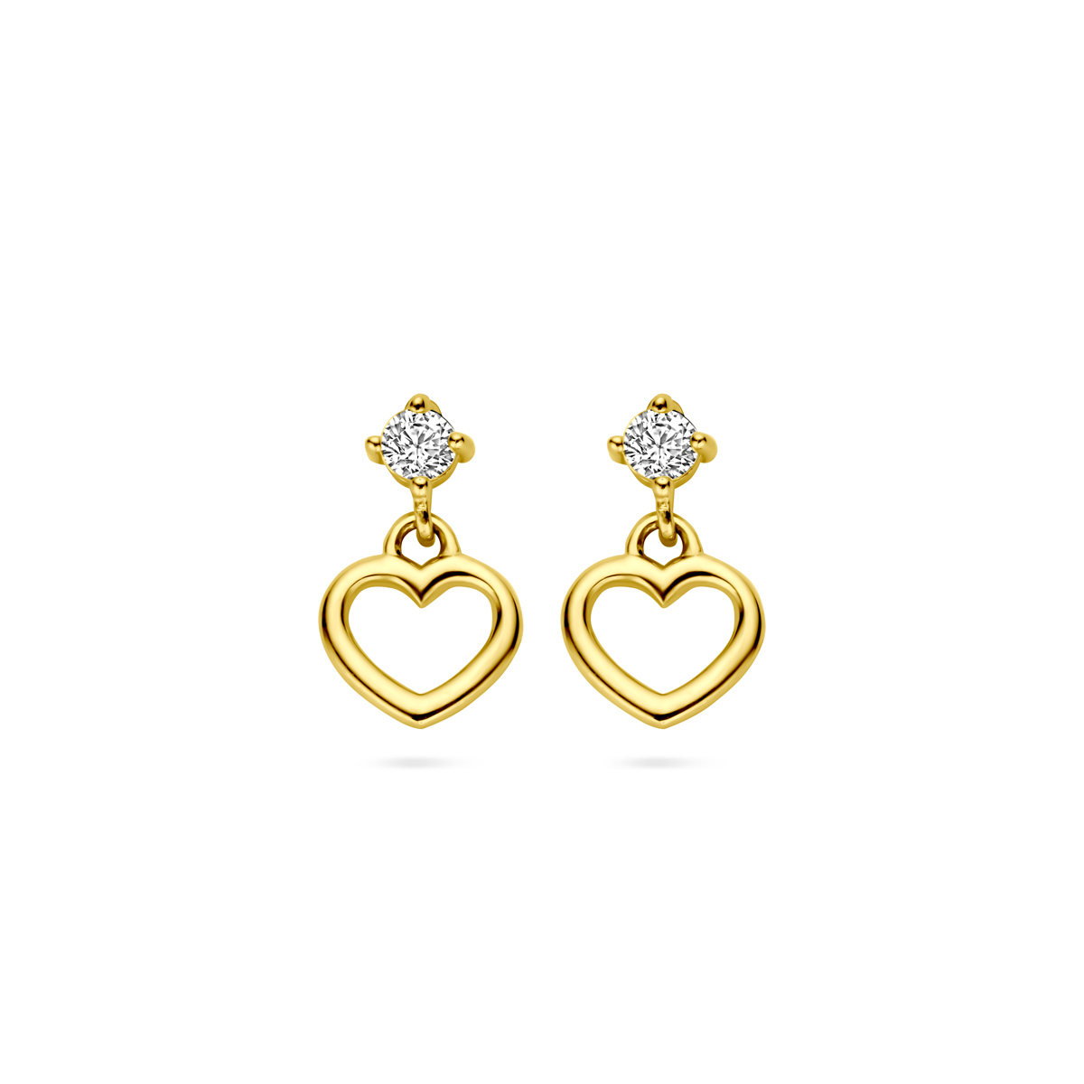 14k Geelgouden oorhangers uitgevoerd met een hart en zirkonia. De oorhangers hebben een totale hoogte van 9mm. Het hart heeft een afmeting van 4.5x5.5mm.