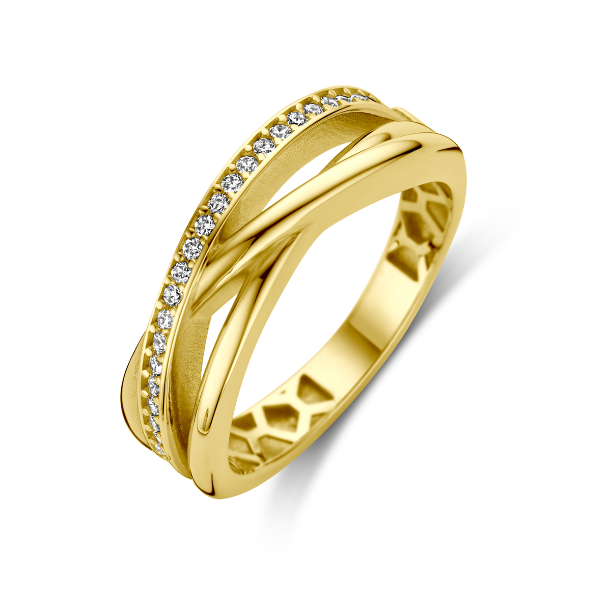 14k Geelgouden ring uitgevoerd met zirkonia. De ring heeft een breedte van 6mm.

