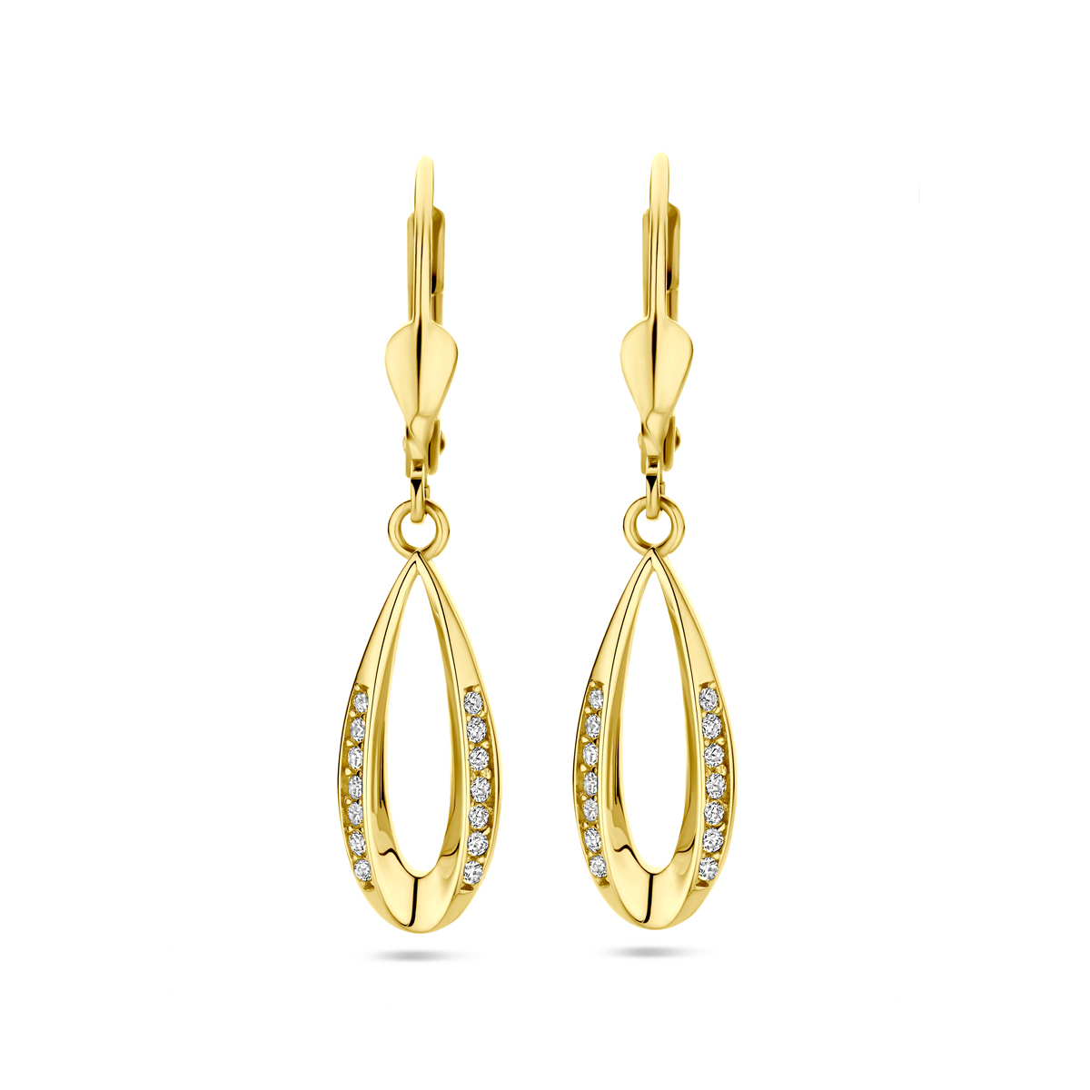 14k Geelgouden oorhangers uitgevoerd met zirkonia. De oorhangers hebben een totale hoogte van 33mm.