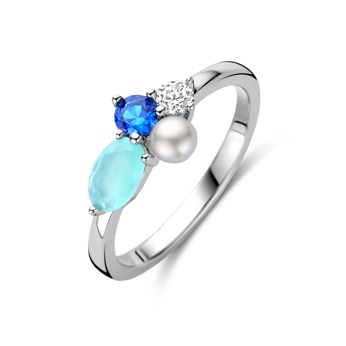 Gerhodineerd 925 zilveren ring uitgevoerd met gekleurd zirkonia, glas kleursteen en een zoetwaterparel. De ring heeft een breedte van 8mm.