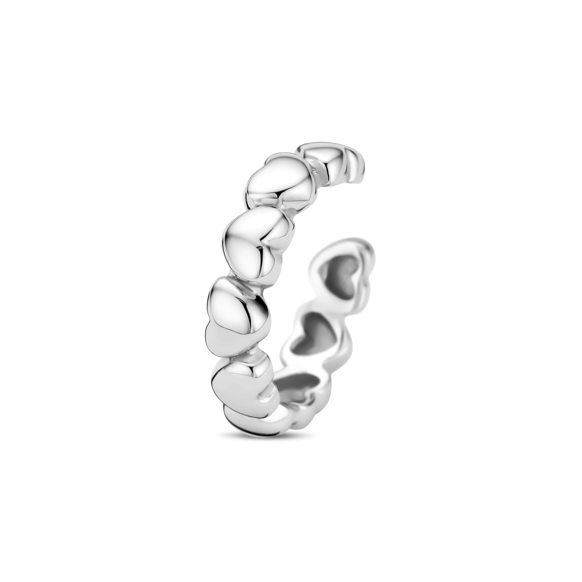 Gerhodineerd 925 zilveren earcuff uitgevoerd met hartjes. De earcuff heeft een afmeting van 13.5x3mm. De earcuff wordt per stuk verkocht.